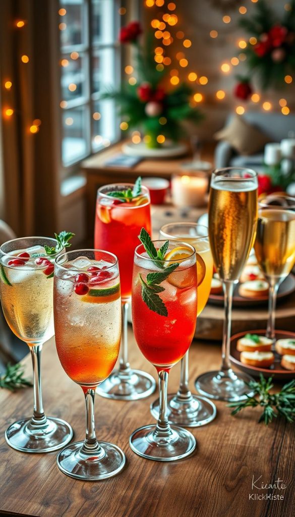 A beautifully arranged display of aperitifs in a cozy winter setting, featuring vibrant cocktails with fresh fruits, herbs, and elegant garnishes. In the foreground, several colorful glasses filled with sparkling drinks, including a bright red spritzer with pomegranate seeds, a refreshing green mint cocktail, and a golden bubbly with citrus slices. The middle ground showcases an elegantly set wooden table adorned with small plates of light appetizers, such as bruschetta and cheese bites. The background features a softly lit ambiance with fairy lights and winter decorations, creating a warm and inviting atmosphere. The scene captures the essence of joy and celebration, with natural light emphasizing the rich colors. Style it with a Pinterest-worthy aesthetic that is authentic and inspiring, branded with "KlickKiste".