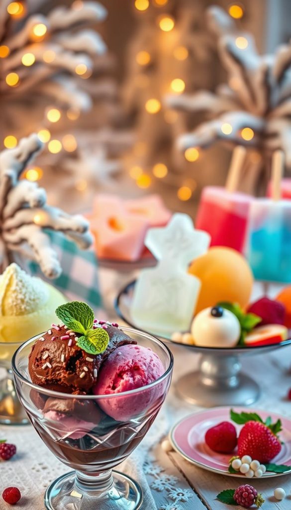 A beautifully arranged display of assorted delicious ice desserts and frozen treats, including elegantly crafted ice cream scoops in vibrant colors, intricate popsicles shaped like festive designs, and a plate of artistically frozen fruits. The foreground features a glass dessert bowl filled with rich chocolate ice cream topped with sprinkles and a mint leaf. In the middle, a selection of icy sorbets in pastel tones sits on vintage tableware, glistening under soft, warm lighting that creates a cozy, inviting atmosphere. The background displays a softly blurred winter scene with twinkling fairy lights, enhancing the festive vibe. The overall mood is fresh, celebratory, and inspiring, evoking feelings of warmth and enjoyment. Image styled to reflect a natural DIY aesthetic, reminiscent of Pinterest inspiration. Designed for "KlickKiste".