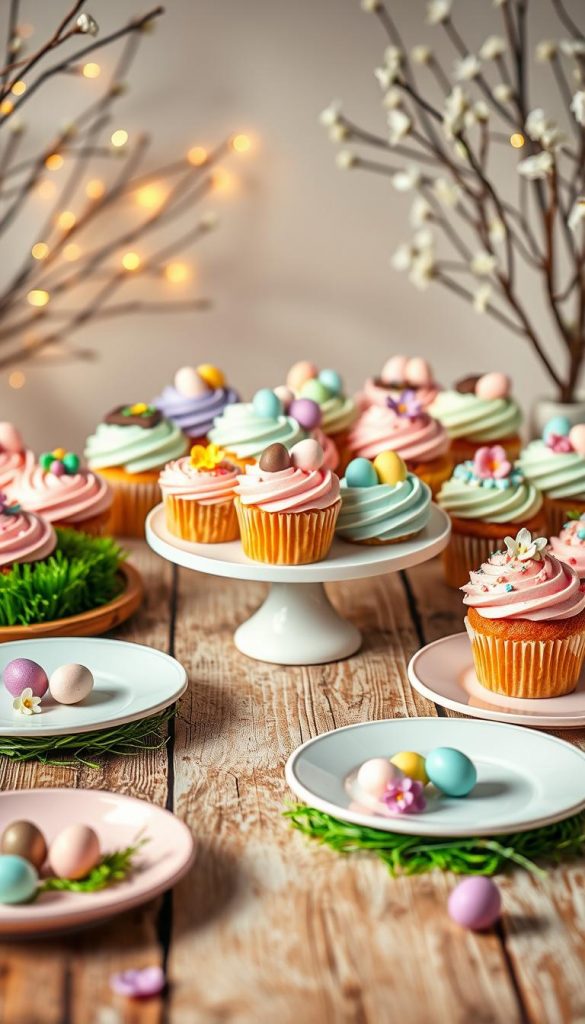 A beautifully arranged display of colorful Easter-themed cupcakes, featuring delicate pastel icing in shades of pink, lavender, and mint green. Each cupcake is topped with whimsical decorations like tiny edible flowers, chocolate eggs, and vibrant sprinkles. The foreground showcases a rustic wooden table adorned with charming pastel-colored plates and faux grass, creating a whimsical Easter vibe. In the middle, a small cake stand holds a variety of cupcakes, artistically arranged for visual appeal. The background softly blurred features gentle springtime decorations, like twinkling fairy lights and flowering branches. The warm, natural lighting casts a cozy glow, enhancing the inviting atmosphere. This image captures the essence of festive gatherings, inspired by KlikKiste’s authentic DIY aesthetic, evoking creativity and deliciousness for an elegant sweet table.