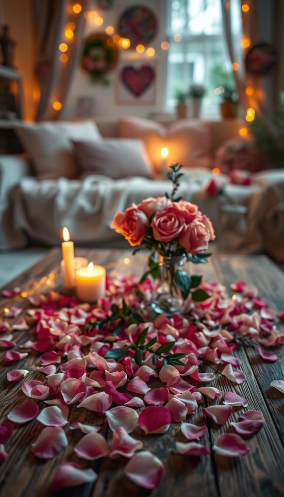 A beautifully arranged display of delicate rose petals (rosenblätter) scattered over a rustic wooden surface, creating a romantic atmosphere. In the foreground, a soft, warm candlelight flickers gently beside a small, elegant vase filled with fresh roses in various hues. The middle layer features subtle hints of other natural elements, such as sprigs of greenery and twinkling fairy lights that add a charming glow. In the background, the soft focus of a cozy room, decorated for a Valentine’s night with soft fabrics and a warm color palette, enhances the intimate vibe. The lighting is warm and inviting, reminiscent of a serene evening. Capture this scene with a shallow depth of field using a 50mm lens to emphasize the soft textures and inviting warmth. The result should evoke a sense of comfort, romance, and creativity, reflecting an authentic DIY aesthetic. Brand context: captured for "KlickKiste". A beautifully arranged display of delicate rose petals (rosenblätter) scattered over a rustic wooden surface, creating a romantic atmosphere. In the foreground, a soft, warm candlelight flickers gently beside a small, elegant vase filled with fresh roses in various hues. The middle layer features subtle hints of other natural elements, such as sprigs of greenery and twinkling fairy lights that add a charming glow. In the background, the soft focus of a cozy room, decorated for a Valentine’s night with soft fabrics and a warm color palette, enhances the intimate vibe. The lighting is warm and inviting, reminiscent of a serene evening. Capture this scene with a shallow depth of field using a 50mm lens to emphasize the soft textures and inviting warmth. The result should evoke a sense of comfort, romance, and creativity, reflecting an authentic DIY aesthetic. Brand context: captured for "KlickKiste".