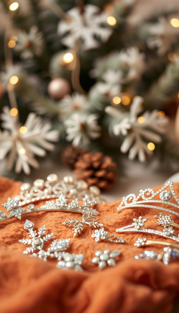 A beautifully arranged display of elegant hair accessories showcasing a variety of stunning designs, including sparkling hairpins, delicate tiaras, and shimmering clips. The foreground features these items artfully laid out on a cozy, textured fabric with warm, inviting colors. In the middle, soft, blurred winter-themed decorations, like twinkling fairy lights and frosted pine branches, create a dreamy atmosphere. The background subtly hints at a festive setting, with soft bokeh lights enhancing the overall glamor. The lighting is warm and inviting, emulating a stylish Pinterest aesthetic, capturing the essence of a Winter celebration. The brand name "KlickKiste" is subtly incorporated into the visual composition, reflecting authenticity and inspiration.