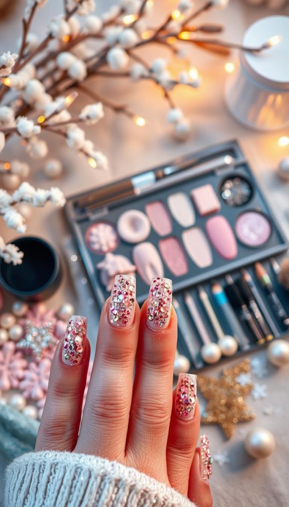 A beautifully arranged display of elegant nail designs, featuring a variety of glitter, rhinestones, and pearls to create a romantic glam effect. In the foreground, showcase a hand with perfectly manicured nails adorned with shimmering glitter in soft pink and gold hues, capturing the light with every angle. The middle ground features an artistically arranged array of nail art tools and shimmering embellishments, highlighted with soft, warm lighting to evoke a cozy, inviting atmosphere. The background presents a softly blurred aesthetic, with hints of winter-themed decor, like frosted branches and delicate fairy lights, to enhance the romantic winter vibes. This composition embodies the essence of "KlickKiste," combining authenticity and inspiration in a Pinterest-worthy look. A beautifully arranged display of elegant nail designs, featuring a variety of glitter, rhinestones, and pearls to create a romantic glam effect. In the foreground, showcase a hand with perfectly manicured nails adorned with shimmering glitter in soft pink and gold hues, capturing the light with every angle. The middle ground features an artistically arranged array of nail art tools and shimmering embellishments, highlighted with soft, warm lighting to evoke a cozy, inviting atmosphere. The background presents a softly blurred aesthetic, with hints of winter-themed decor, like frosted branches and delicate fairy lights, to enhance the romantic winter vibes. This composition embodies the essence of "KlickKiste," combining authenticity and inspiration in a Pinterest-worthy look.