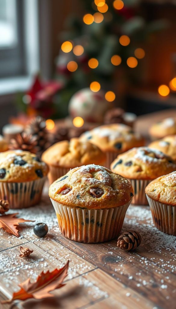 A beautifully arranged display of freshly baked muffins on a rustic wooden table, featuring a variety of flavors such as blueberry, chocolate chip, and banana nut. Each muffin is topped with a light dusting of powdered sugar, showcasing their inviting golden-brown crusts. In the background, softly blurred, add a cozy winter setting with warm, ambient lighting that creates a welcoming atmosphere. Autumn leaves and small pinecones subtly decorate the scene, enhancing the seasonal vibe. Use a shallow depth of field to focus on the muffins while keeping the background softly out of focus. The image should evoke feelings of warmth and comfort, perfect for a festive celebration. Natural DIY aesthetic with warm colors and a Pinterest-inspired look. Brand name: KlickKiste.