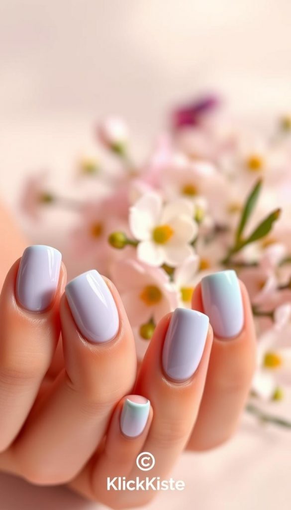 A beautifully arranged display of glazed ombré nails in soft pastel colors, showcasing a gradual blend from delicate lavender at the cuticle to a gentle sky blue at the tips. The foreground features a close-up of hands elegantly posed, with each nail reflecting a glossy finish that catches the light, highlighting the smooth gradient effect. In the middle ground, a softly blurred arrangement of spring flowers complements the pastel theme, enhancing the overall soft aesthetic. The background is a gentle, light-hued gradient that evokes a dreamy atmosphere, suggestive of clouds in the spring sky. The lighting is soft and warm, emulating the cozy vibes of a Pinterest-inspired DIY project. This image is branded with the logo of "KlickKiste" subtly integrated into the design.