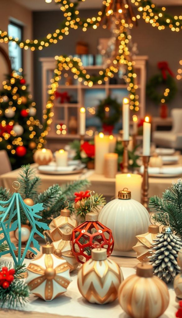 A beautifully arranged display of holiday decorations showcasing the latest trends from &amp;quot;KlickKiste&amp;quot;. In the foreground, there are elegantly crafted DIY ornaments in vibrant colors and unique shapes, made from natural materials like wood and pine. The middle ground features a tastefully decorated table set with stylish holiday centerpieces, candles, and eco-friendly wrapping options, inviting a warm, festive atmosphere. In the background, a cozy interior decorated with fairy lights and garlands enhances the inviting setting. The lighting is soft and warm, creating an enchanting glow reminiscent of holiday evenings. The overall mood is festive and inspirational, perfect for illustrating innovative decoration ideas for any celebration throughout the year. The perspective is slightly elevated, capturing the essence of a stylish seasonal gathering.