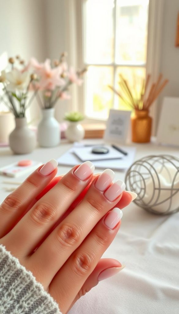 A beautifully arranged display of micro French tip nails, showcasing fine lines and elegant designs. The foreground features a close-up of well-manicured hands adorned with nails painted in soft pastel shades, each with a delicate white tip, reflecting a modern twist on the traditional French manicure. The nails are perfectly shaped and glossy, capturing the essence of refined elegance. In the middle ground, a soft-focus background reveals a cozy, aesthetic workspace with natural lighting that casts a warm glow, enhancing the inviting atmosphere. The backdrop includes subtle hints of seasonal decor, like soft spring flowers and a minimalist nail art setup, evoking a Pinterest-worthy, DIY charm. This image embodies the modern elegance of micro French tips by KlickKiste, inviting viewers into a serene, stylish world.