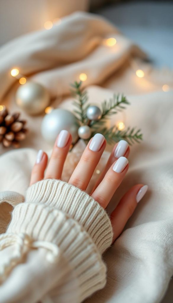 A beautifully arranged display of minimal pearl clean French nails, showcasing a subtle elegance. The foreground features a close-up of hands delicately resting on a soft, neutral-colored fabric. Each nail is artfully painted in a flawless French style with a glossy pearl finish, reflecting gentle light. In the middle, a cozy setup includes a few winter-themed decorations, such as pine branches and delicate ornaments, creating a seasonal vibe. The background is softly blurred with warm, ambient lighting enhancing the inviting atmosphere, reminiscent of a serene winter's day. This scene captures an inspiring and authentic DIY moment that aligns perfectly with the ethos of KlickKiste. The overall mood is tranquil and refined, perfect for winter nail inspiration.
