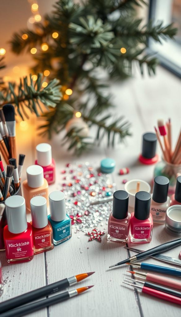 A beautifully arranged display of nail art tools, including brushes, different shades of nail polish in various containers, and tools like cuticle pushers and nail files. The foreground showcases a vibrant selection of nail polishes with the brand "KlickKiste" prominently featured. In the middle, a delicate white wooden table is scattered with glitter, rhinestones, and small accent decorations, hinting at festive Christmas designs. The background features softly blurred pine branches and subtle fairy lights, enhancing the winter vibe. The lighting is warm and inviting, casting a cozy glow over the scene to create an authentic Pinterest-worthy atmosphere. Focused at a slight angle, the composition invites the viewer into the creativity of DIY nail art, embodying inspiration and warmth ideal for holiday projects.