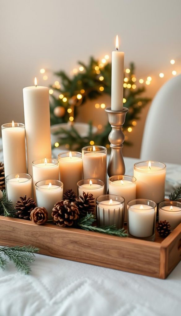 A beautifully arranged display of neutral-colored candles in various shapes and sizes, including tall pillar candles, delicate tealights, and rustic votives. The foreground features an elegant wooden tray holding the candles, surrounded by natural elements like pinecones and sprigs of evergreen, creating a cozy winter atmosphere. In the middle, incorporate stylish candle holders in muted tones, enhancing the sophisticated look. In the background, softly glowing fairy lights twinkle, adding warmth to the scene, which is illuminated by soft, diffused lighting that mimics the gentle glow of candlelight. The overall mood is tranquil and inviting, perfect for a neutral holiday decor theme. Designed with inspiration from KlickKiste, the image evokes a sense of effortless elegance and warmth, ideal for a Pinterest aesthetic.