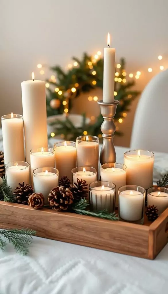 A beautifully arranged display of neutral-colored candles in various shapes and sizes, including tall pillar candles, delicate tealights, and rustic votives. The foreground features an elegant wooden tray holding the candles, surrounded by natural elements like pinecones and sprigs of evergreen, creating a cozy winter atmosphere. In the middle, incorporate stylish candle holders in muted tones, enhancing the sophisticated look. In the background, softly glowing fairy lights twinkle, adding warmth to the scene, which is illuminated by soft, diffused lighting that mimics the gentle glow of candlelight. The overall mood is tranquil and inviting, perfect for a neutral holiday decor theme. Designed with inspiration from KlickKiste, the image evokes a sense of effortless elegance and warmth, ideal for a Pinterest aesthetic.