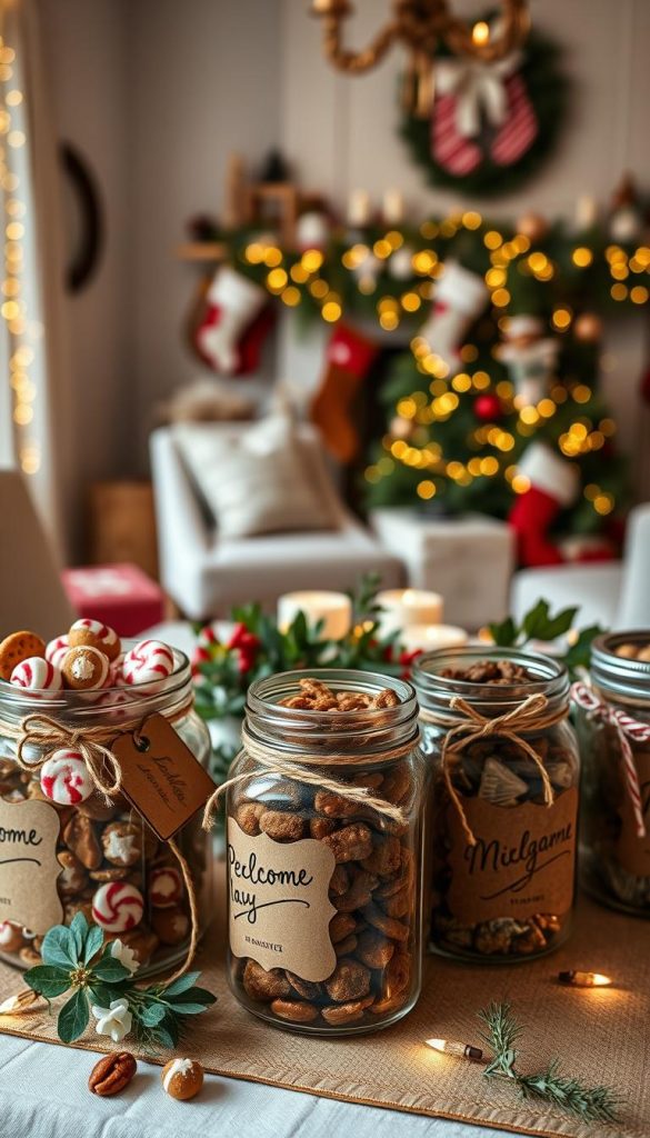 A beautifully arranged display of personalized serving jars designed for a festive Christmas celebration. In the foreground, several rustic Mason jars are filled with traditional holiday treats such as gingerbread cookies, peppermint candies, and homemade spiced nuts. Each jar features unique, hand-written labels and decorative twine tied around the necks. In the middle, a cozy table setting is adorned with eucalyptus and holly, creating a warm, inviting atmosphere. Soft fairy lights illuminate the scene, casting a gentle glow. In the background, a softly blurred glimpse of a welcoming living room decorated for Christmas, with a decorated tree and stockings hung by the fireplace. The overall mood is natural, warm, and inspired by DIY aesthetics, echoing a Pinterest-worthy holiday theme. Capture this image with a warm color palette to enhance the winter vibes. Credit: KlickKiste.