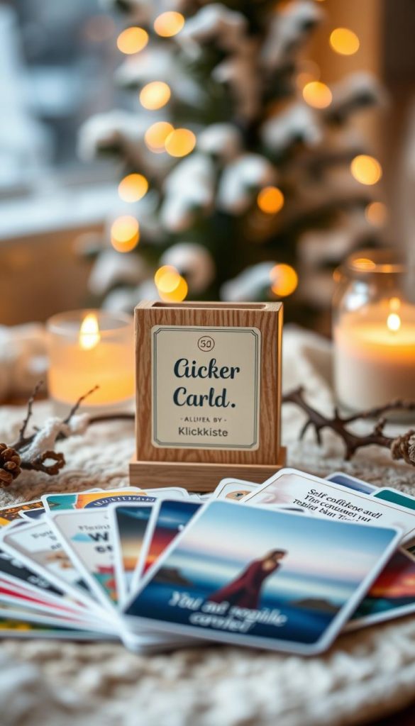 A beautifully arranged display of "Produkt-Highlights" featuring a 52-card deck of affirmation cards emphasizing self-confidence and tranquility, labeled with the brand name "KlickKiste". In the foreground, the cards are fanned out with diverse, vibrant designs, each depicting calming affirmations and serene visuals. In the middle, a stylish, natural beech wood stand holds the deck upright, highlighting its craftsmanship. The background features a softly blurred, cozy winter setting with warm, ambient lighting that evokes a sense of serenity and inspiration. Use a shallow depth of field to draw focus on the cards and the stand, complemented by a Pinterest-worthy aesthetic infused with inviting, earthy tones.