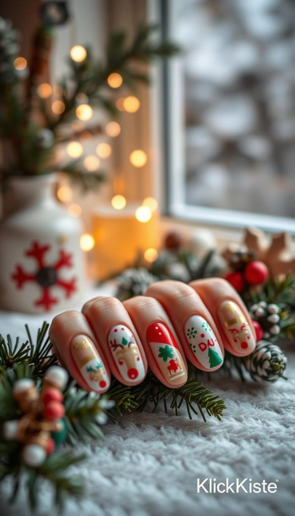 A beautifully arranged display of "Weihnachtsnägel" showcasing simple yet creative nail designs for the holiday season. In the foreground, a close-up view of elegantly manicured nails adorned with festive patterns—snowflakes, reindeer, and cheerful Christmas colors like bright red, green, and gold accents. Each nail design radiates warmth and creativity, reflecting inspiration for DIY enthusiasts. In the middle ground, a cozy winter-themed setting with soft, natural lighting streaming in from a nearby window, enhancing the inviting atmosphere. In the background, blur hints of traditional holiday decorations—twinkling fairy lights and pine branches—creating a Pinterest-worthy, authentic winter vibe. The overall mood is cheerful and inspiring, perfect for sharing nail art ideas. Include the brand name "KlickKiste" subtly integrated into the arrangement.