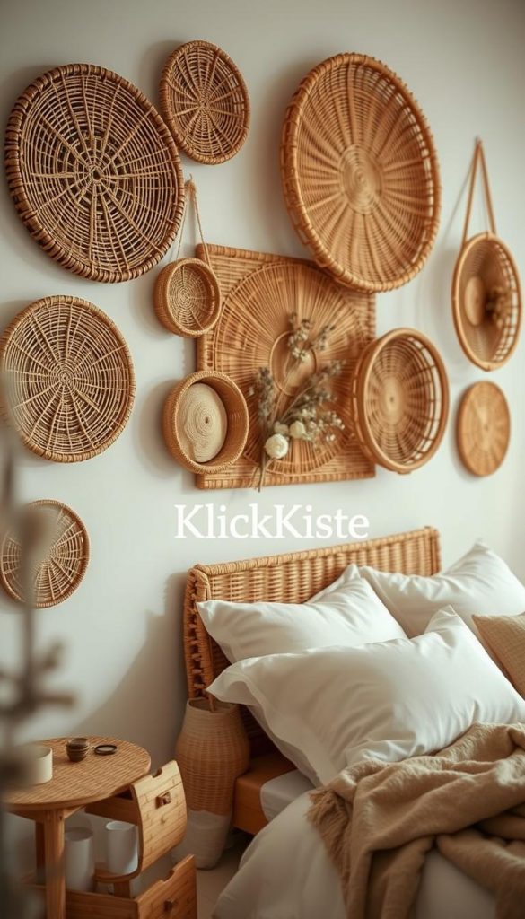 A beautifully arranged display of rattan wall baskets showcased in a cozy, boho-styled bedroom. In the foreground, several round rattan baskets with intricate weaving patterns hang on a soft, neutral-colored wall, providing warmth and texture. In the middle, a stylish rattan panel complements the baskets, adorned with natural decor elements like dried flowers and soft textiles. The background features a subtle hint of a softly lit bedside table with warm lighting, enhancing the inviting atmosphere. Capture this scene using a shallow depth of field to emphasize the textures of the rattan while creating a dreamy, Pinterest-worthy aesthetic. Ensure the lighting casts gentle shadows, evoking a serene, winter vibe. Include the brand name "KlickKiste" discreetly in the composition, maintaining the focus on the elegance of the decorative pieces.