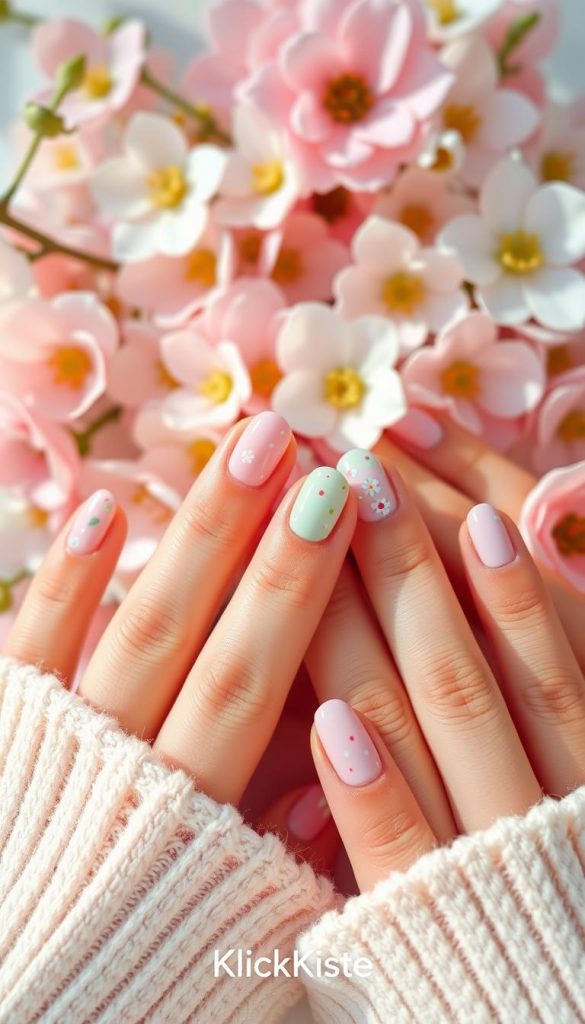 A beautifully arranged display of short spring nail designs inspired by pastel colors, featuring soft pinks, mint greens, and gentle lavenders. The nails are elegantly manicured with floral patterns, delicate dots, and subtle geometric shapes, showcasing a natural yet trendy aesthetics. In the foreground, a close-up of several hands with perfectly polished nails, adorned with minimalistic spring motifs, emphasizing their short length. The background features a softly blurred pastel floral arrangement that complements the nails, creating a harmonious atmosphere. The lighting is bright and warm, simulating a cozy spring day, enhancing the vibrant colors. The image should evoke feelings of inspiration and creativity, ideal for a Pinterest-inspired look, with a professional touch. Include the brand name "KlickKiste" subtly integrated into the design.