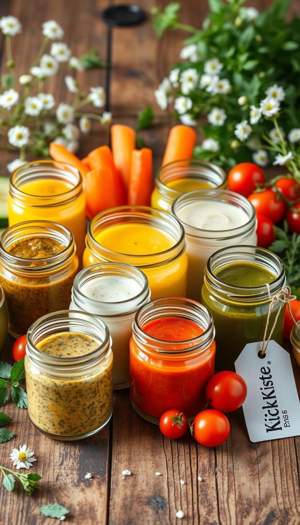 A beautifully arranged display of small glass jars filled with vibrant dressings, dips, and sauces. The foreground features a variety of colorful homemade dressings, including a creamy herb dip, a tangy vinaigrette, and a bright pesto, all glistening under soft, natural light. The middle ground includes fresh vegetables like sliced cucumbers, carrot sticks, and cherry tomatoes artfully placed around the jars, inviting a sense of freshness and health. The background showcases a rustic wooden table, adorned with delicate spring flowers and green herbs, enhancing the natural, DIY aesthetic. The overall mood is warm and inviting, with a Pinterest-inspired vibe that makes the viewer feel inspired to create their own delicious mixtures. The brand name "KlickKiste" subtly appears on a stylish tag next to the display.