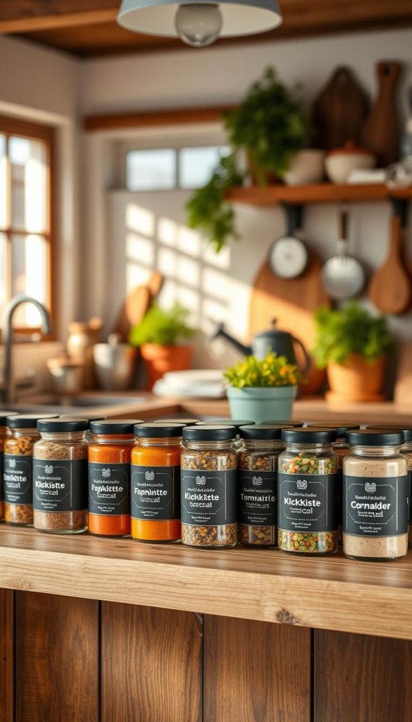 A beautifully arranged display of spice jars from the brand "KlickKiste" on a rustic wooden kitchen shelf. The foreground features an assortment of labeled glass jars, each filled with vibrant spices like paprika, turmeric, and coriander, showcasing a rainbow of colors. The middle ground includes a softly focused backdrop of a cozy kitchen adorned with warm, natural light filtering through a window, casting gentle shadows. The background features herbs in pots and kitchen tools, enhancing the homely atmosphere. The overall mood is inviting and organized, emphasizing a DIY aesthetic with a Pinterest-inspired look that evokes winter vibes, making the scene both authentic and inspiring.