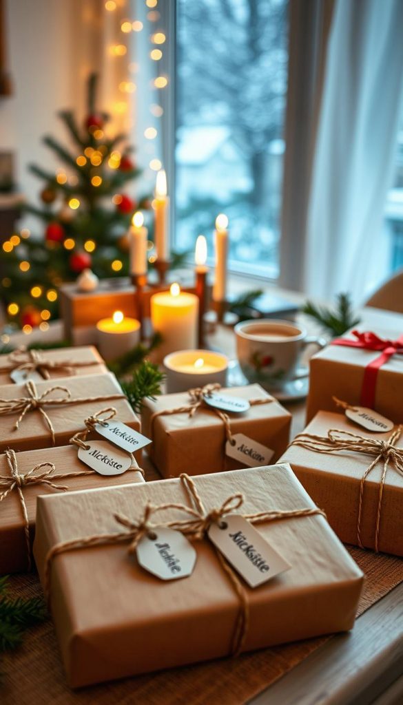 A beautifully arranged display of stylish gift presentations for parents, featuring natural DIY elements and warm winter colors. In the foreground, an assortment of creatively wrapped gifts adorned with rustic twine and handmade tags from "KlickKiste". The middle layer showcases a cozy, inviting table setting with pine branches, candles, and a mug of hot cocoa to enhance the festive atmosphere. The background shows a softly lit room with twinkling fairy lights and a window revealing a gentle snowfall outside, creating a picturesque winter vibe. Utilize warm, ambient lighting, with a focus on a shallow depth of field to draw attention to the gifts, portraying an authentic and inspiring Pinterest-worthy scene.