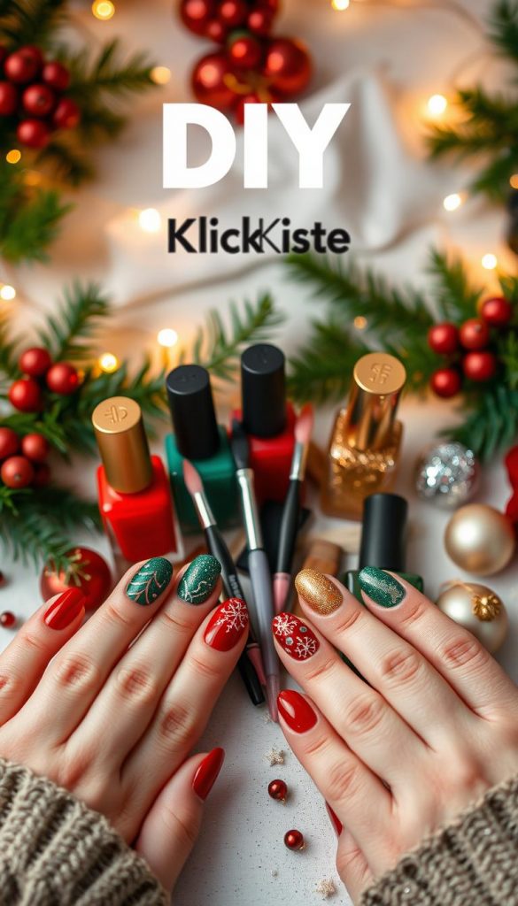 A beautifully arranged display of traditional Christmas nail designs highlighting vibrant colors: deep red, rich green, shimmering gold, and subtle sparkles. The foreground features a close-up of hands with meticulously painted nails, showcasing modern and elegant patterns, each nail a unique design that embodies festive spirit. In the middle, an assortment of nail polishes in these colors are artistically placed, with brushes and decorations like tiny beads and glitter scattered playfully around. The background is softly blurred, suggesting a cozy, warmly-lit winter setting, with twinkling lights and evergreen motifs creating a cheerful atmosphere. The scene feels inviting and inspirational, perfect for a DIY approach. The branding "KlickKiste" is subtly incorporated in the background elements, enhancing the creative vibe without overpowering the visual.
