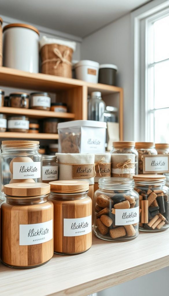 A beautifully arranged display of various label designs showcasing different styles suitable for organizing containers, with a warm, inviting color palette. In the foreground, wooden and glass storage jars labeled with elegant minimalist stickers featuring the brand name "KlickKiste". The middle layer includes fabric and paper labels in rustic styles, some with twine accents, placed neatly on a light wooden shelf. In the background, airy natural lighting filters through a window, highlighting a cozy pantry filled with neatly organized supplies. The overall mood is inspirational and tranquil, evoking a sense of DIY creativity and winter vibes, perfect for a Pinterest aesthetic. A beautifully arranged display of various label designs showcasing different styles suitable for organizing containers, with a warm, inviting color palette. In the foreground, wooden and glass storage jars labeled with elegant minimalist stickers featuring the brand name "KlickKiste". The middle layer includes fabric and paper labels in rustic styles, some with twine accents, placed neatly on a light wooden shelf. In the background, airy natural lighting filters through a window, highlighting a cozy pantry filled with neatly organized supplies. The overall mood is inspirational and tranquil, evoking a sense of DIY creativity and winter vibes, perfect for a Pinterest aesthetic.