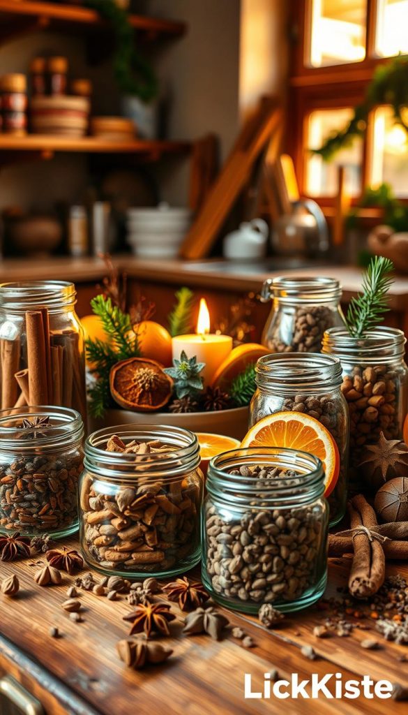 A beautifully arranged display of various spices that evoke winter comfort, featuring warm tones and a cozy, inviting atmosphere. In the foreground, a wooden table holds an assortment of glass jars filled with colorful spices like cinnamon sticks, star anise, and cardamom pods, each detailed and textured. The middle ground showcases a warm, flickering candle, nestled among dried orange slices and sprigs of evergreen, creating a festive yet soothing vibe. In the background, soft-focus images of a rustic kitchen with golden light filtering through a window, casting a warm glow over the scene. Capture this in a style reminiscent of natural DIY images on Pinterest that evoke feelings of warmth and comfort, branded subtly as KlickKiste.