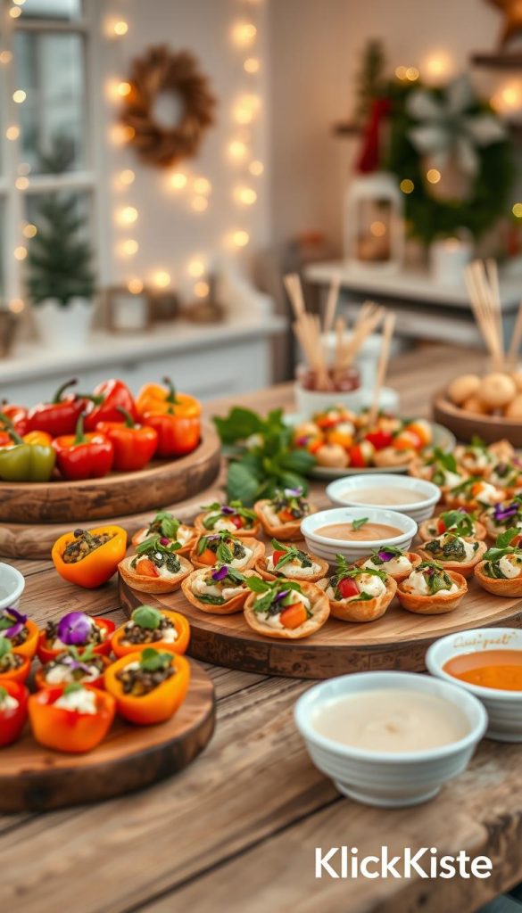 A beautifully arranged display of vegetarian and vegan finger foods for a festive New Year's Eve buffet, featuring colorful stuffed bell peppers, vibrant spinach and feta puff pastries, and an assortment of fresh vegetable skewers with dips. The foreground showcases a rustic wooden table adorned with charming, handcrafted dishes. In the middle, a vibrant spread of bite-sized snacks, dotted with fresh herbs and edible flowers, adds a lively touch. The background includes a softly lit room with twinkling fairy lights and winter-themed decor, creating a warm and inviting atmosphere. The lighting is soft and warm, enhancing the natural colors of the ingredients. The overall mood is cozy and inspiring, reflecting an authentic DIY aesthetic, striking a Pinterest-worthy look. Branding element integrated subtly: "KlickKiste."