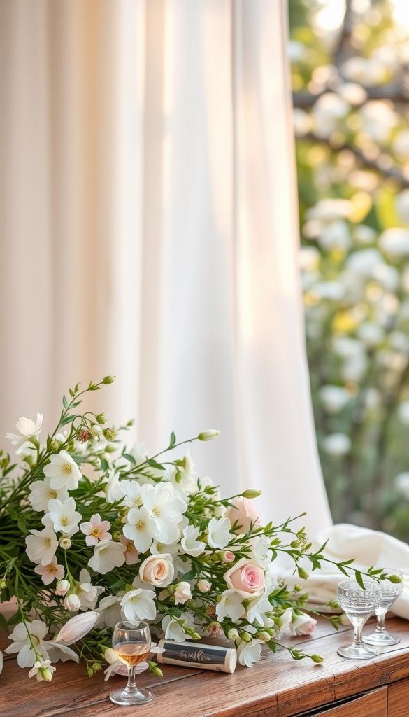 A beautifully arranged display showcasing a color scheme inspired by spring, featuring soft pastels, fresh greens, and airy fabrics. In the foreground, delicate flowers in pale pinks and light blues spill over a rustic wooden table, complemented by greenery sprigs. The middle ground showcases a soft linen curtain gently blowing with a hint of sunlight filtering through, creating a warm, inviting atmosphere. In the background, a serene garden scene with blurred blossoms adds depth and tranquility. The lighting is soft and natural, mimicking the golden hour glow. The overall mood is fresh, vibrant, and inspiring, perfectly encapsulating the essence of modern spring decor. This image reflects the ethos of "KlickKiste," embodying authenticity and creativity, ideal for a Pinterest aesthetic.