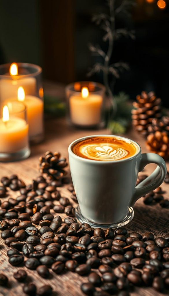 A beautifully arranged espresso setup, featuring a rich, dark shot of espresso in a classic white ceramic cup, steam gently rising to create an inviting atmosphere. In the foreground, scattered coffee beans glisten in warm lighting, enhancing the rich textures. The middle layer showcases a delicate layer of frothy milk art atop the espresso, adding elegance. In the background, a softly lit wooden table is adorned with softly glowing candles and a hint of winter decor like pine cones and sprigs of evergreen, evoking a cozy ambiance perfect for New Year's Eve. The overall mood is warm, inviting, and sophisticated, embodying an inspiring café experience. This image reflects the perfect blend of coffee culture and seasonal elegance, branded "KlickKiste".