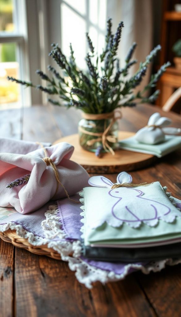 A beautifully arranged fabric table centerpiece, showcasing a DIY spring vibe, with delicate lavender sachets and whimsical bunny napkins. In the foreground, the intricate details of vibrant fabric textures and patterns are highlighted, with soft, pastel colors like lavender and mint green dominating the palette. The middle layer features a rustic wooden table, accented by subtle natural elements like sprigs of fresh lavender and twine, enhancing the warm, inviting atmosphere. In the background, gentle natural light filters in, casting soft shadows that create a cozy, serene ambiance. The scene captures an authentic, Pinterest-worthy look, embodying a sense of inspiration and creativity. Perfectly styled for KlickKiste, radiating a cheerful springtime aesthetic in a SFW manner.