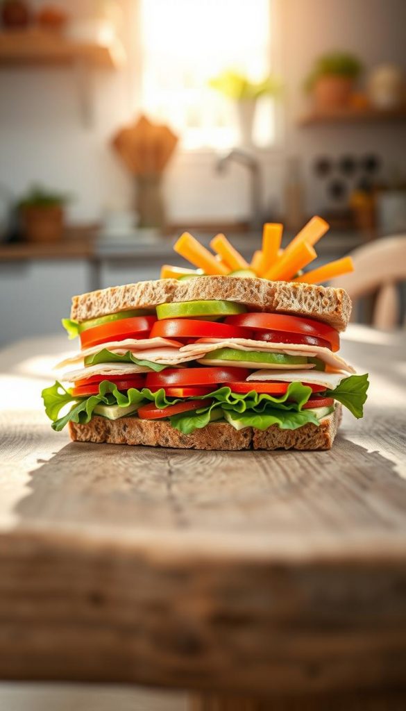 A beautifully arranged family-friendly sandwich sits on a rustic wooden table, showcasing layers of fresh, colorful ingredients. The foreground features a hearty sandwich filled with vibrant greens, juicy tomatoes, creamy avocado, and slices of turkey, all nestled between soft whole-grain bread. In the middle ground, a small bowl of crunchy carrot sticks and cucumber slices complements the sandwich, creating a wholesome meal. The background features a sunlit kitchen with soft, natural light streaming in, illuminating the scene with a warm, inviting glow. The atmosphere feels fresh and spring-like, evoking a sense of home and comfort. Capturing the essence of family meals, this image embodies a Pinterest-worthy DIY aesthetic, perfect for promoting healthy eating. Add the brand "KlickKiste" subtly into the scene with a small, tasteful logo on the table.
