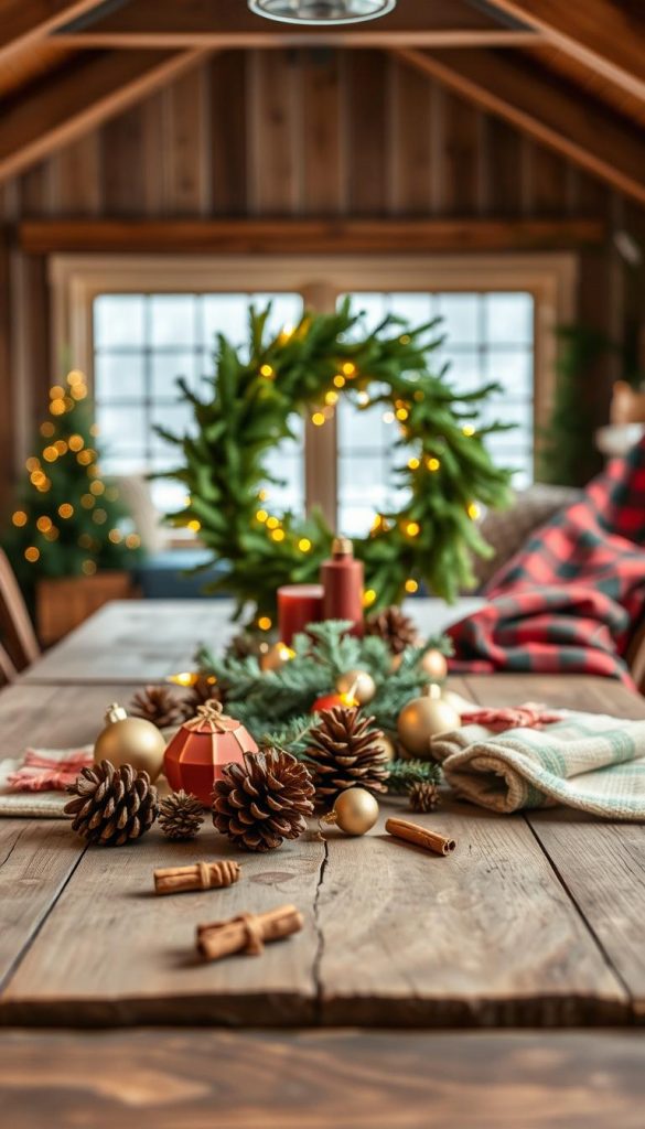 A beautifully arranged farmhouse Christmas decoration scene, showcasing a rustic wooden table adorned with natural elements. In the foreground, there are handmade ornaments, pine cones, and cinnamon sticks, creating a warm and inviting atmosphere. In the middle, a centerpiece of a lush evergreen wreath intertwined with twinkling fairy lights, and a few cozy plaid blankets draped nearby. The background features a gently lit farmhouse interior with wooden beams and a window showing a soft snowfall outside, enhancing the winter vibes. The overall color palette is warm and earthy, with hints of green and red, conveying a festive yet tranquil mood. Shot with a soft focus lens to create a dreamy effect, this authentic and inspiring image captures the essence of DIY farmhouse Christmas décor by KlickKiste.
