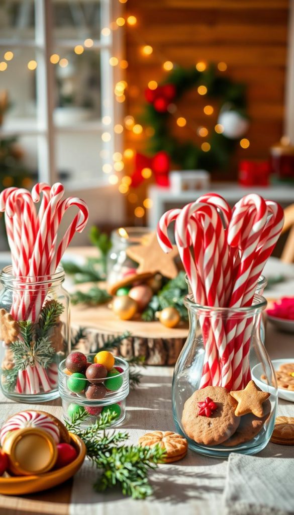 A beautifully arranged festive table setting, showcasing a variety of delightful Christmas treats ("Naschereien") as decorative elements. In the foreground, elegantly placed glass jars filled with colorful candy canes, chocolate truffles, and gingerbread cookies. The middle features a rustic wooden table adorned with greenery and golden ornaments, creating a cozy winter atmosphere. The background includes softly glowing fairy lights that twinkle against a warm, inviting wall. Natural sunlight filters in, highlighting the warm colors of red, green, and gold, enhancing the overall festive vibe. The scene captures a Pinterest-worthy DIY aesthetic, inviting and inspiring for holiday celebrations. This image embodies the essence of "Süße Akzente" in Christmas table decor, inspired by KlickKiste.