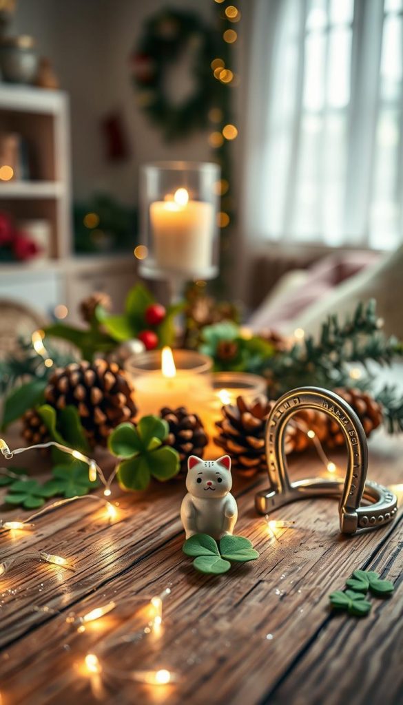 A beautifully arranged flat lay featuring a collection of traditional Glücksbringer, such as a charming four-leaf clover, a miniature lucky cat, and a sparkling horseshoe. The foreground showcases these symbols of luck on a rustic wooden table, surrounded by twinkling fairy lights and glittering confetti, evoking a festive New Year's atmosphere. In the middle, vibrant seasonal decorations, like holly and pinecones, enhance the cozy winter vibe, while a softly glowing candle adds warmth and light. The background is a blurred, softly lit room decorated for the New Year, creating an inviting and inspirational mood. Capture this scene with a warm color palette, focusing on natural soft lighting for a DIY aesthetic, reflecting the brand "KlickKiste".