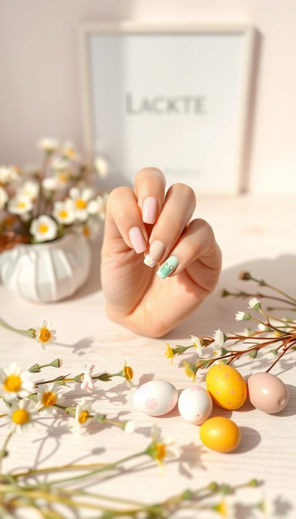 A beautifully arranged flat lay featuring a hand elegantly displaying a fresh manicure in pastel Easter colors—soft pinks, mint greens, and sunny yellows. The nails are adorned with delicate floral designs and tiny bunny motifs, skillfully done for an eye-catching effect. In the foreground, natural props like fresh spring flowers, small decorative Easter eggs, and a light wooden surface add warmth and a cozy, inviting feel. The background is softly blurred, featuring a pastel-colored wall adorned with minimalistic art. The lighting is bright yet soft, mimicking the gentle glow of early spring sunshine, enhancing the nails and props. This scene conveys a cheerful, inspiring mood, ideal for Instagram aesthetics, showcasing the brand name "KlickKiste" seamlessly integrated into the composition.