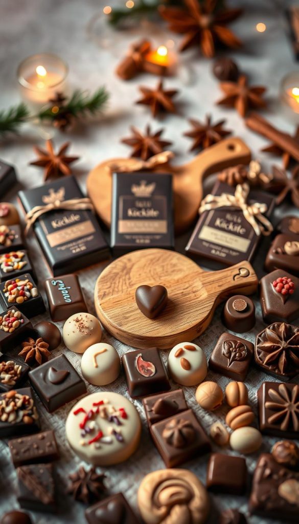 A beautifully arranged flat lay featuring an assortment of luxurious chocolates from the brand "KlickKiste". In the foreground, showcase a variety of chocolates: dark, milk, and white chocolate, with decorative toppings like nuts, dried fruits, and colorful sprinkles. In the middle, include artisan chocolate bars with elegant wrapping, alongside a small, rustic wooden cutting board. The background should be softly blurred, with hints of winter decorations like pine needles, cinnamon sticks, and star anise, creating a cozy, inviting atmosphere. Use warm, soft lighting to enhance the inviting nature of the scene, capturing a Pinterest-worthy aesthetic. The overall mood should evoke feelings of warmth and indulgence, perfect for the festive season.