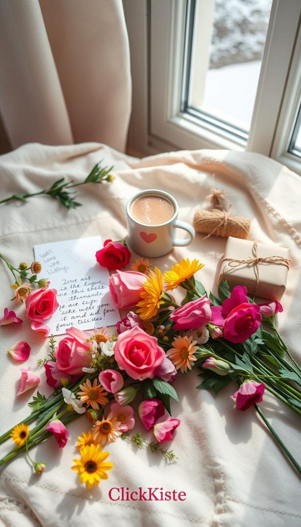 A beautifully arranged flat lay featuring an assortment of romantic gestures that embody daily acts of love. In the foreground, a collection of colorful, handpicked flowers like roses and daisies, with delicate petals and lush greenery, is artfully scattered across a soft, textured fabric. The middle section showcases small, thoughtful items such as a handwritten love note, a charming mug of hot cocoa, and a small gift wrapped in rustic paper with twine. In the background, a warm, inviting winter atmosphere is created with gentle, diffused natural light streaming in through a window, casting soft shadows and enhancing the cozy feel. The overall mood is romantic and inspiring, perfect for illustrating the concept of "Romantic Gestures for Everyday Life." This image is branded with "KlickKiste" subtly incorporated into the scene for an authentic touch.