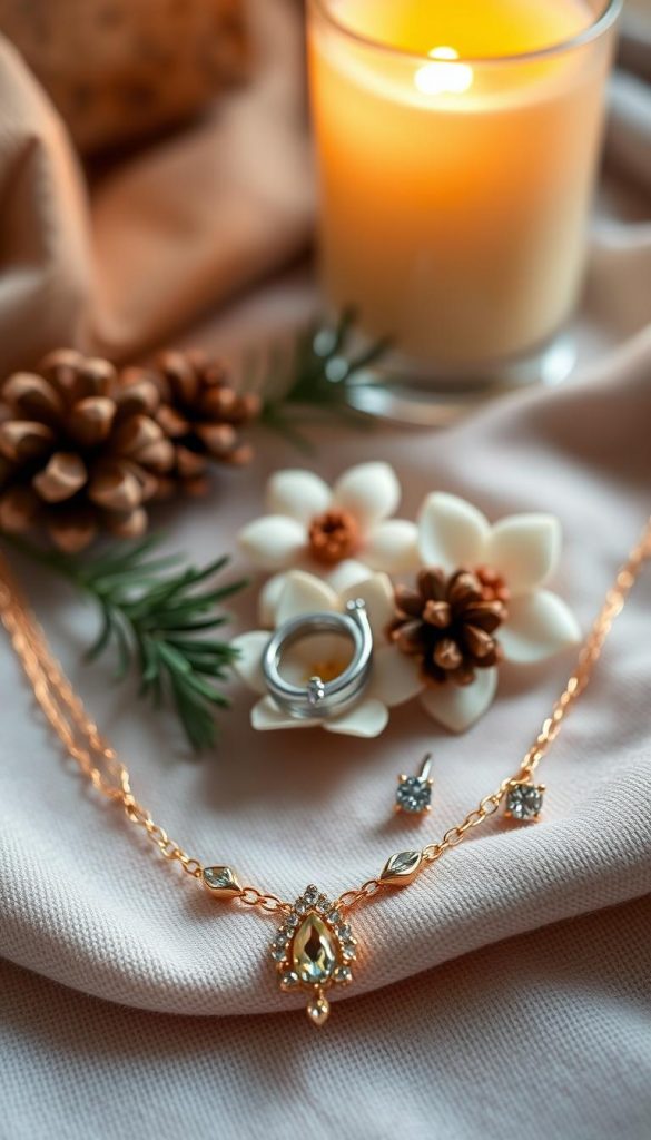 A beautifully arranged flat lay featuring an elegant selection of jewelry from the brand "KlickKiste." The foreground showcases a delicate gold necklace adorned with sparkling gems and matching stud earrings, artfully placed on a soft, textured fabric that evokes warmth. In the middle, a vintage-inspired ring rests among small seasonal decorations like pinecones and soft white flowers, enhancing the cozy, winter vibes. The background displays a blurred, softly lit ambiance of a gently glowing candle and a warm, inviting color palette. The image radiates a peaceful and luxurious atmosphere, perfect for inspiring gifts that pamper with glimmer and sophistication. Use soft, natural lighting to emphasize the beauty of the jewelry and create an inviting Pinterest aesthetic.
