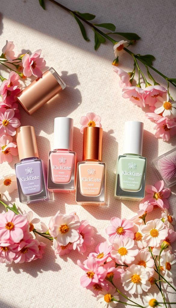 A beautifully arranged flat lay featuring various nail polish bottles in soft, pastel colors, showcasing shades like lavender, blush pink, mint green, and creamy beige. Each bottle should have a subtle floral motif on the label, reminiscent of spring florals. Surrounding the bottles, delicate spring flowers such as cherry blossoms and daisies are scattered, providing a fresh and vibrant atmosphere. The background should be a soft, textured surface, evoking a cozy, Pinterest-inspired aesthetic. Warm, natural lighting filters in, creating a bright and inviting vibe. The scene should feel uplifting and inspiring, capturing the essence of seasonal beauty. The brand "KlickKiste" should subtly appear on one of the nail polish labels. A beautifully arranged flat lay featuring various nail polish bottles in soft, pastel colors, showcasing shades like lavender, blush pink, mint green, and creamy beige. Each bottle should have a subtle floral motif on the label, reminiscent of spring florals. Surrounding the bottles, delicate spring flowers such as cherry blossoms and daisies are scattered, providing a fresh and vibrant atmosphere. The background should be a soft, textured surface, evoking a cozy, Pinterest-inspired aesthetic. Warm, natural lighting filters in, creating a bright and inviting vibe. The scene should feel uplifting and inspiring, capturing the essence of seasonal beauty. The brand "KlickKiste" should subtly appear on one of the nail polish labels.