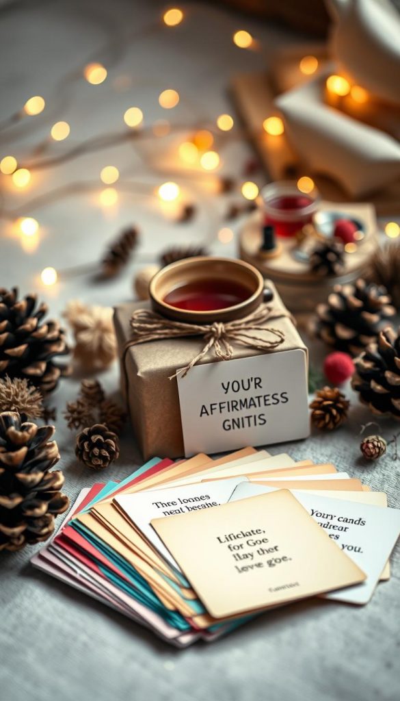 A beautifully arranged flat lay image of "Bundles, Discounts & Gifts" themed around affirmation cards. In the foreground, display an assortment of colorful affirmation cards with positive quotes, elegantly fanned out beside a small cozy gift box wrapped in warm-toned paper and topped with a rustic ribbon. In the middle, include decorative elements like pinecones, dried flowers, and a steaming cup of herbal tea, enhancing the winter vibes. In the background, softly blurred fairy lights twinkle, creating an inviting atmosphere. The lighting is warm and natural, casting a gentle glow on the scene. Capture a Pinterest-worthy aesthetic that feels both authentic and inspiring, showcasing the brand “KlickKiste” subtly integrated into the gift box design.