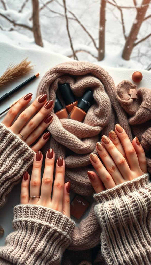 A beautifully arranged flat lay image showcasing a collection of trend brown-tone nails, perfect for the winter season. The foreground features elegantly manicured hands adorned with various nail designs, highlighting different shades of brown, from deep chocolate to soft taupe, some with glossy and matte finishes. The middle section includes stylish nail tools and warm, cozy winter accessories like a soft knitted scarf and a steaming cup of hot cocoa, creating a warm and inviting atmosphere. The background softly blurs out, hinting at a snowy woodland scene with falling snowflakes, enhancing the winter vibes. Gentle, natural lighting accentuates the warm tones, creating an inspiring and authentic DIY aesthetics. The brand "KlickKiste" is subtly represented in the arrangement.