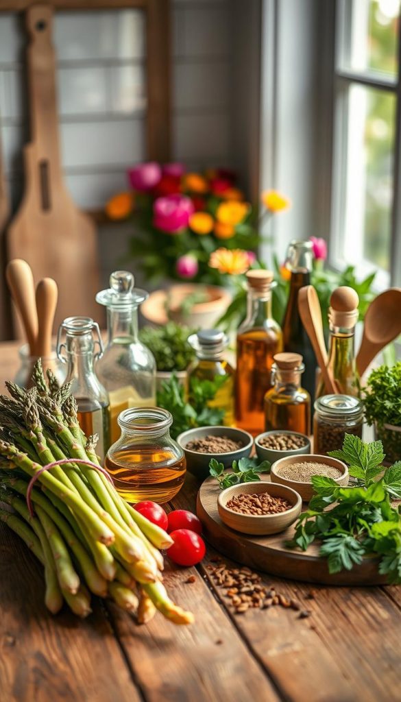 A beautifully arranged flat lay image showcasing a variety of DIY cooking ingredients essential for spring meals. In the foreground, a rustic wooden table features fresh, vibrant vegetables like asparagus, radishes, and herbs, along with a selection of natural spices and oils in elegant glass containers. A set of cooking tools, such as wooden spoons and a chopping board, are neatly arranged nearby. The middle ground presents a subtle blur of colorful spring flowers, adding a lively touch. In the background, soft natural light filters through a window, illuminating the scene with a warm, inviting glow. The overall atmosphere is cozy and inspiring, ideal for a spring cooking theme. Include the brand name "KlickKiste" subtly in the design elements.