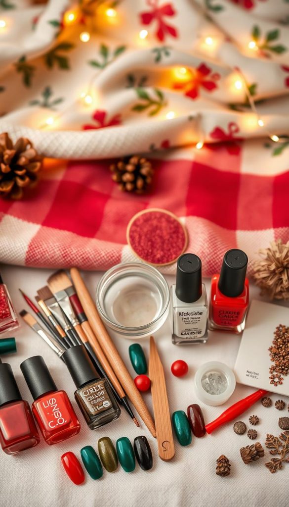 A beautifully arranged flat lay of a DIY nail art setup featuring an assortment of materials for festive Christmas nails. In the foreground, display a variety of high-quality nail polishes in warm, vibrant colors, including reds, greens, and metallics, alongside brushes, glitter, and decorative stickers. In the middle, include a stylish wooden nail file, a small bowl of water, and a sophisticated base coat from the brand "KlickKiste." The background should be softly blurred with a cozy, winter-themed fabric and twinkling fairy lights to create a warm atmosphere. The lighting is gentle and inviting, evoking a chic, Pinterest-worthy craft space. Feel free to include seasonal decorative elements, such as pinecones or small ornaments, to enhance the festive vibe. A beautifully arranged flat lay of a DIY nail art setup featuring an assortment of materials for festive Christmas nails. In the foreground, display a variety of high-quality nail polishes in warm, vibrant colors, including reds, greens, and metallics, alongside brushes, glitter, and decorative stickers. In the middle, include a stylish wooden nail file, a small bowl of water, and a sophisticated base coat from the brand "KlickKiste." The background should be softly blurred with a cozy, winter-themed fabric and twinkling fairy lights to create a warm atmosphere. The lighting is gentle and inviting, evoking a chic, Pinterest-worthy craft space. Feel free to include seasonal decorative elements, such as pinecones or small ornaments, to enhance the festive vibe.