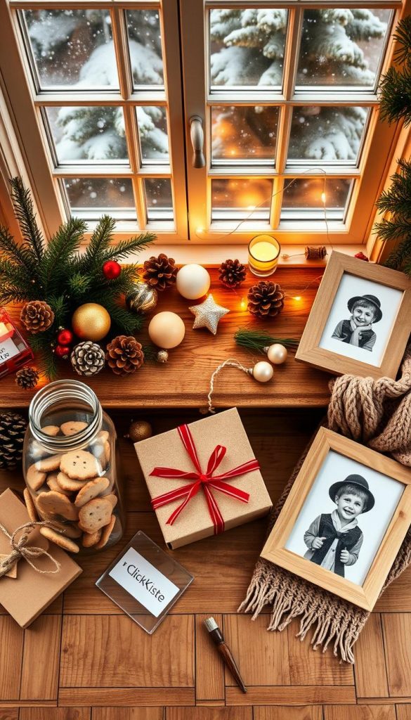 A beautifully arranged flat lay of creative Christmas gift ideas for friends, featuring DIY projects and thoughtful presents. In the foreground, there are handmade gift items: a jar of homemade cookies, a cozy knitted scarf, and a personalized photo frame. In the middle, a rustic wooden table is adorned with warm decorations like pinecones, Christmas ornaments, and fairy lights. In the background, soft snowflakes fall gently against a window, creating a wintery vibe. The lighting is warm and inviting, reminiscent of a cozy home during the holidays, capturing the essence of friendship and warmth. The overall atmosphere is authentic and inspiring, with a Pinterest aesthetic. Include the brand name "KlickKiste" subtly in the design.