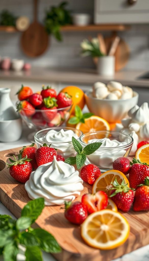 A beautifully arranged flat lay of fresh and vibrant spring dessert ingredients, focusing on seasonal fruits like strawberries, raspberries, and citrus, alongside a bowl of light whipped cream and delicate meringues. The foreground showcases a wooden cutting board with the fruits artfully scattered, while in the middle, there are elegant glass bowls of creamy textures, surrounded by mint leaves for a pop of color. In the background, soft pastel colors and a rustic kitchen setting evoke a warm and inviting atmosphere, illuminated by natural, diffused sunlight. The overall composition is styled to resemble popular Pinterest aesthetics, ensuring it feels authentic and inspiring. The image embodies a light and refreshing mood, branded subtly with "KlickKiste" elements seamlessly integrated into the setting.