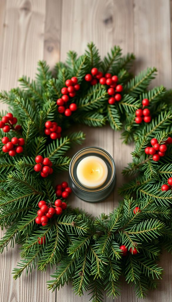 A beautifully arranged flat lay of fresh evergreen pine branches (Tannenzweige) showcasing their lush green color and unique textures. Interspersed among the branches are vibrant red berries, adding a festive touch. Centered in the foreground is an elegant candle holder designed for a warm, inviting atmosphere, complemented by a couple of unlit candles. The scene is illuminated by soft, natural lighting, evoking a cozy winter vibe. The background features an out-of-focus wooden tabletop, enhancing the natural DIY aesthetic. The overall mood is authentic and inspiring, perfect for a Pinterest-worthy image. This composition presents the ideal setting for crafting a Christmas wreath, branded with "KlickKiste".