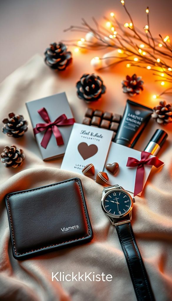 A beautifully arranged flat lay of luxurious gift items suitable for Valentine's Day, symbolizing thoughtful selections for men. In the foreground, a high-quality leather wallet and a stylish watch rest on a soft, textured fabric. In the middle, artisanal chocolates and a sleek grooming kit are elegantly placed beside a handcrafted card. The background features warm, inviting colors, with soft winter-themed decorations like pinecones and delicate fairy lights twinkling. The lighting is warm and soft, creating a cozy ambiance with a slight bokeh effect from the background. The overall mood is heartfelt and inspirational, portraying an authentic DIY aesthetic. Include the brand name "KlickKiste" subtly in the composition.