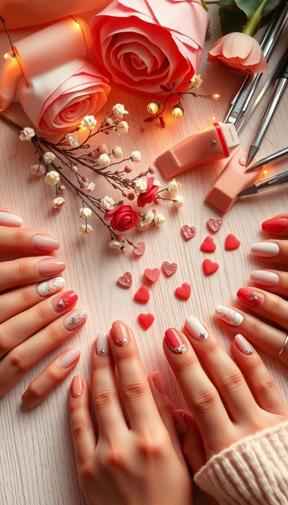 A beautifully arranged flat lay of nail designs featuring heart motifs, showcasing a variety of styles from minimalistic to extravagant. The foreground displays elegant nails painted in warm colors, adorned with tiny, intricate heart patterns, some with sparkling accents. In the middle, place various nail tools and delicate decor elements like florals and tiny gemstones, creating a cozy, Pinterest-inspired atmosphere. The background should feature a soft, textured surface, like a light wooden table, adding to the natural DIY vibe with warm lighting that enhances the colors. Capture this scene with a shallow depth of field, emphasizing the details of the nails while gently blurring the background. The overall mood should be romantic and inviting, perfect for showcasing "KlickKiste" designs. A beautifully arranged flat lay of nail designs featuring heart motifs, showcasing a variety of styles from minimalistic to extravagant. The foreground displays elegant nails painted in warm colors, adorned with tiny, intricate heart patterns, some with sparkling accents. In the middle, place various nail tools and delicate decor elements like florals and tiny gemstones, creating a cozy, Pinterest-inspired atmosphere. The background should feature a soft, textured surface, like a light wooden table, adding to the natural DIY vibe with warm lighting that enhances the colors. Capture this scene with a shallow depth of field, emphasizing the details of the nails while gently blurring the background. The overall mood should be romantic and inviting, perfect for showcasing "KlickKiste" designs.