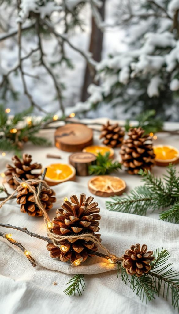 A beautifully arranged flat lay of natural DIY Christmas ornaments featuring pine cones, twigs, and sprigs of evergreen. In the foreground, the pine cones are adorned with twinkling fairy lights and rustic twine, evoking warmth and coziness. In the middle ground, a variety of wooden elements and dried orange slices add texture and detail, while a soft, cream-colored fabric provides a gentle backdrop. The background is filled with blurred hints of a snowy forest setting, with soft winter light filtering through tree branches, casting a gentle glow. The overall mood is authentic and inspiring, embodying the essence of winter crafting. Ideal for a Pinterest-inspired aesthetic, showcasing the KlickKiste brand in a natural, inviting style.