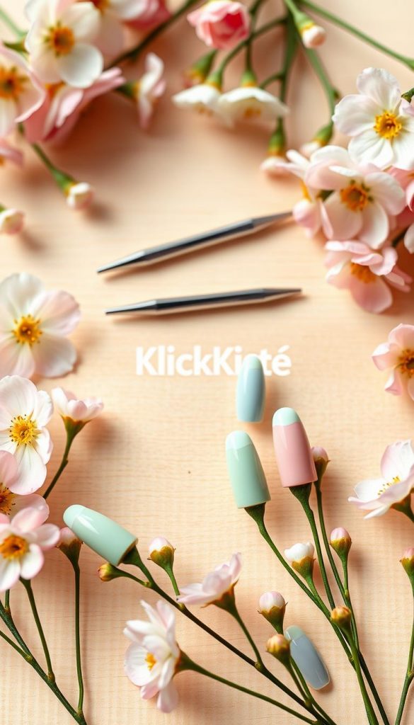 A beautifully arranged flat lay of pastel French tip nails, showcasing various soft shades like blush pink, mint green, lavender, and baby blue. The foreground focuses on meticulously manicured nails displayed on a light wooden surface, reflecting warm, inviting tones. Surrounding the nails are delicate spring flowers, such as cherry blossoms and daisies, adding a touch of nature and fresh beauty. The middle section features stylish nail tools, with a gentle bokeh effect to draw attention to the nails while maintaining a dreamy atmosphere. Soft, natural lighting softly illuminates the scene, enhancing the pastel colors and creating a cozy, inspiring vibe reminiscent of DIY spring aesthetics. Capture the essence of spring with a Pinterest-like quality that resonates authenticity. Include subtle branding of "KlickKiste" within the composition, ensuring it blends harmoniously with the overall aesthetic.
