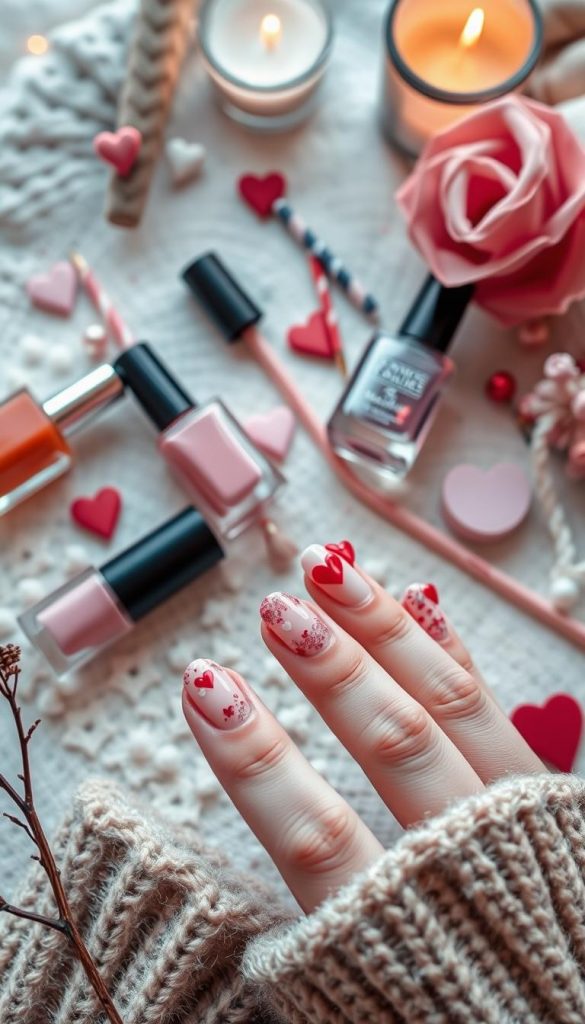 A beautifully arranged flat lay of romantic Valentine's Day nail designs, featuring heart motifs and soft pastel colors, designed for spontaneous dates. In the foreground, showcase elegantly manicured nails adorned with pink and red hearts, glitter, and delicate floral patterns. In the middle, include tools like nail polish bottles and brushes, artistically scattered. The background features a cozy winter vibe with soft, warm lighting, perhaps a hint of holiday decor such as soft blankets or candles to create an inviting atmosphere. The image should evoke inspiration and creativity, ideal for a Pinterest look, emphasizing a natural DIY aesthetic. The brand name "KlickKiste" subtly incorporated into the composition without any text overlays. A beautifully arranged flat lay of romantic Valentine's Day nail designs, featuring heart motifs and soft pastel colors, designed for spontaneous dates. In the foreground, showcase elegantly manicured nails adorned with pink and red hearts, glitter, and delicate floral patterns. In the middle, include tools like nail polish bottles and brushes, artistically scattered. The background features a cozy winter vibe with soft, warm lighting, perhaps a hint of holiday decor such as soft blankets or candles to create an inviting atmosphere. The image should evoke inspiration and creativity, ideal for a Pinterest look, emphasizing a natural DIY aesthetic. The brand name "KlickKiste" subtly incorporated into the composition without any text overlays.